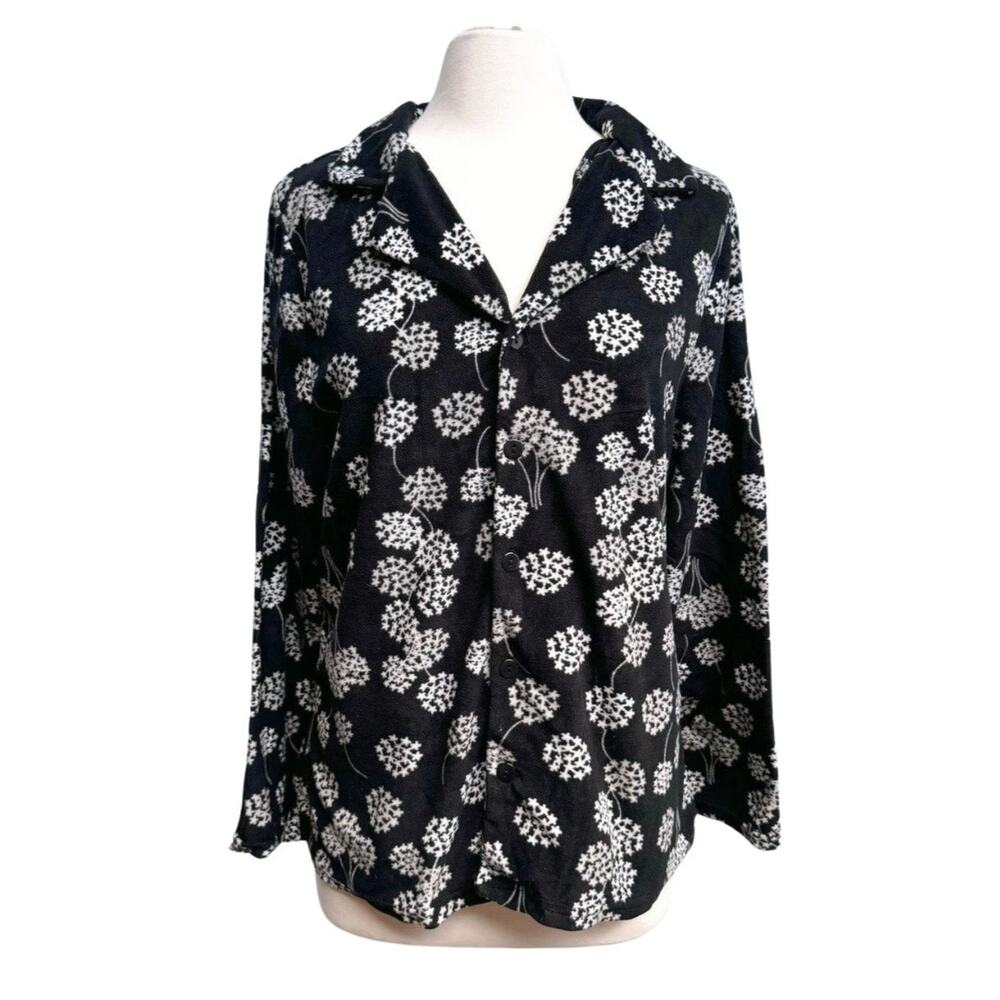 Black Dandelion Floral Fleece Button Up Long Sleeve Pajama Top